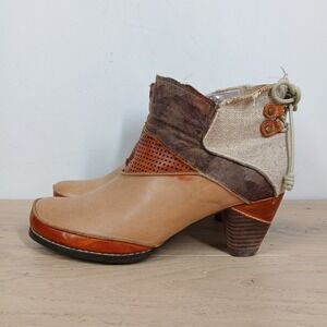 Elite By Corkys Ankle Booties Womens 10 Tan Brown Leather Mixed Media Block Heel